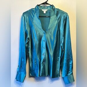 NWOT Austin Reed 100% Silk Long Sleeve V-Neck Button Down Teal Blouse